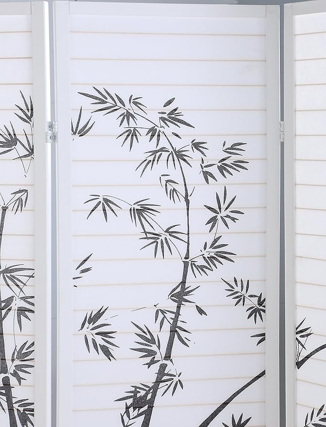 Roundhill Bamboo Print 4-Panel Framed Room Screen/Divider, white