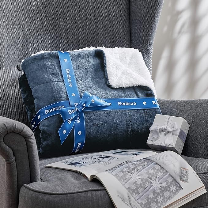 Bedsure GentleSoft Sherpa Fleece Blankets Queen Size for Bed - Thick and Warm, Soft Fuzzy Plush Queen Blanket for Winter, Slate Blue, 90x90 Inches