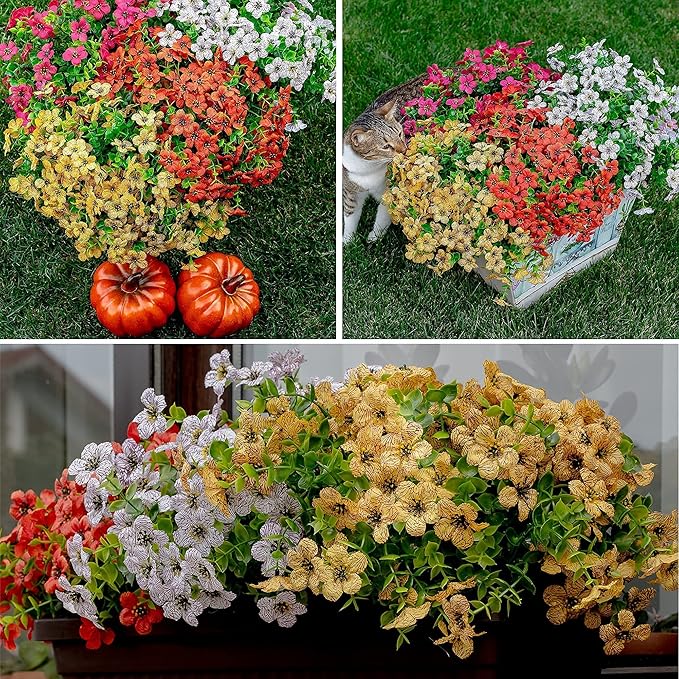 Artificial Flowers for Outdoors Fake Plants - 16 Bundles Faux Outside Greenery Boxwood UV Resistant No Fade Plastic Shrubs Fall Decor Farmhouse Home Garden Mums (White)