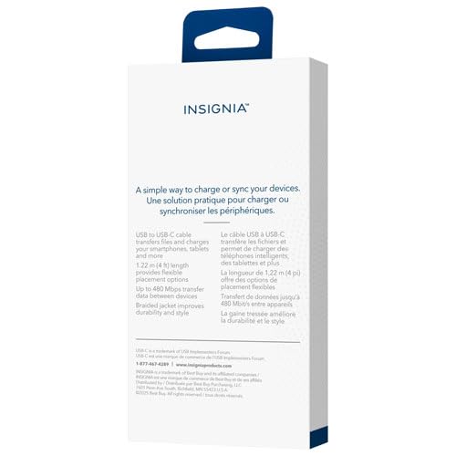 INSIGNIA USB Cables, 20Gbps High-Speed Charging & Data Sync, Braided Nylon, Compatible with MacBook, Laptop, iPhone, iPad, Android (6 ft (2 Pack, Black), USB to USB-C Cable)