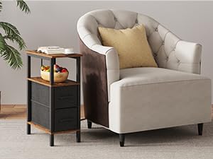 2 Set Narrow Side Table for Small Spaces, Skinny End Table with Charging Station, Sofa Beside Table with 2 Drawers 1 Open Compartment, Slim Nightstand with USB Ports Outlet, Rustic and Brown UTBT004F2