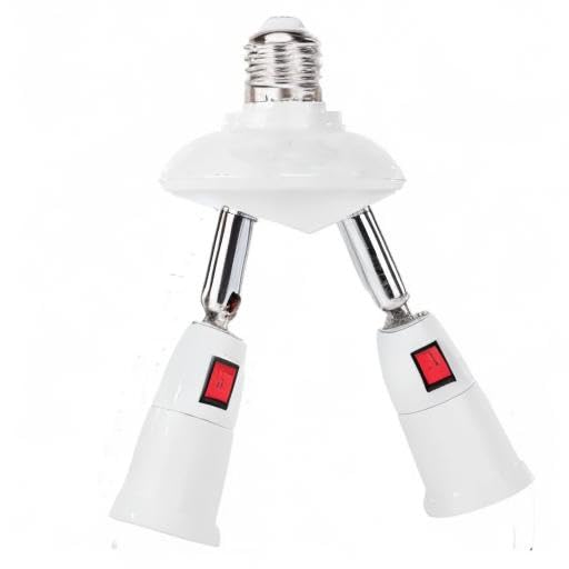 2-in-1 Light Socket Extender, E26/E27 to 2 Bulb Adapter with Adjustable Arms, 360° Rotatable for Ceiling Fan/Lamp Holder, UL Listed, Extension Splitter with Power Switch(White)