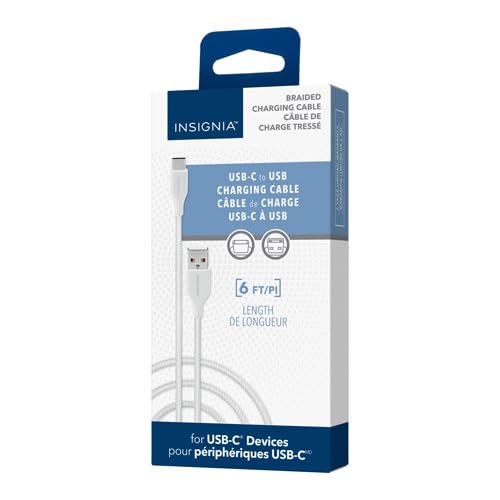 INSIGNIA 6 ft. USB-A to USB-C Charge-and-Sync Braided Cable, Type-C for iPhone 15 Series, iPad Mini 6 / Pro, MacBook Pro, Samsung Galaxy S23, Switch, White Moon Grey