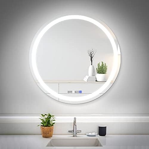 LED Round Bathroom Mirror, Wall Mounted Vanity Makeup Mirror with Anti Fog, Dimmable Touch Button, Adjustable Color Temperature, Memory Function 28 Inch by Fab Glass and Mirror