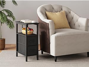 2 Set Narrow Side Table for Small Spaces, Skinny End Table with Charging Station, Sofa Beside Table with 2 Fabric Drawers and 1 Open Compartment, Slim Nightstand with USB Ports Outlet, Black UTBT004B