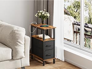 2 Set Narrow Side Table for Small Spaces, Skinny End Table with Charging Station, Sofa Beside Table with 2 Drawers 1 Open Compartment, Slim Nightstand with USB Ports Outlet, Rustic and Brown UTBT004F2
