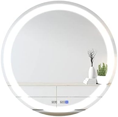 LED Round Bathroom Mirror, Wall Mounted Vanity Makeup Mirror with Anti Fog, Dimmable Touch Button, Adjustable Color Temperature, Memory Function 28 Inch by Fab Glass and Mirror