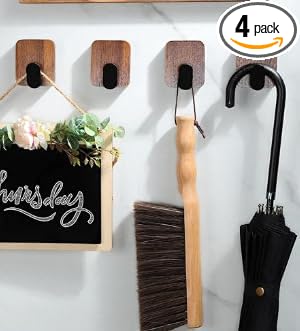 DELITON Wooden Wall Hooks, 4 Pack Acacia Adhesive Towel Hooks Sticky on Bathrooms, Kitchen, Entryway, Heavy Duty, Wall Decor
