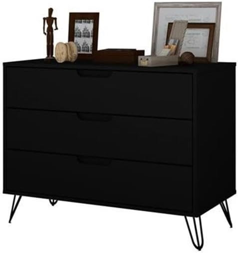 Manhattan Comfort Rockefeller 3 Drawer Dresser for Bedroom Storage, Nursery, Closet, Living Room, Entryway, TV Stand for Screens up to 32 Inches, Anti-Tip Kit Included, Set of 1, Black