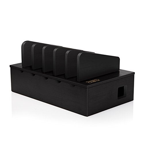 Prosumer's Choice Black Family Charging Station, 5 Device Organizer Charger for Smartphones and Tablets, Wooden Rack