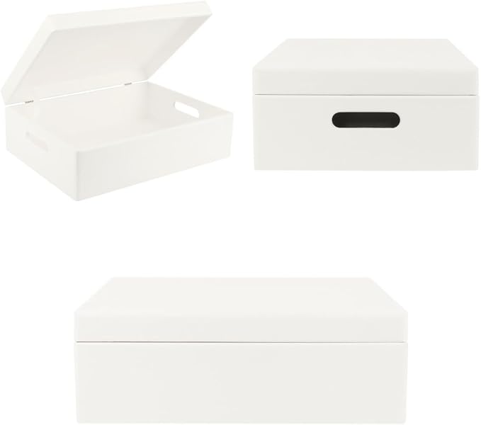 XL White Wooden Box Storage with Hinged Lid | 15.8x11.8x5.5in (+-0.5) | with Handles | Gift Box for Tool Dog Toy Shoes Clothes Kitchen Storage | Wood Keepsake Chest