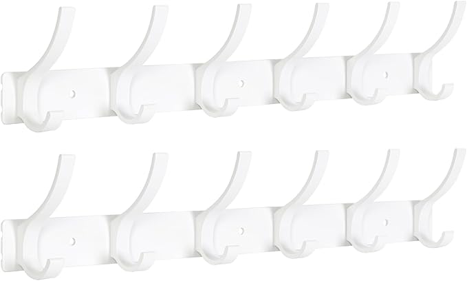 Coat Rack Wall Mount, Coat Hook Wall Mount, Wall Hooks for Hanging, Hat Rack for Walls, Coats Hanger with 12 Hook, Towel Hooks for Bathrooms (2 Pack, White)