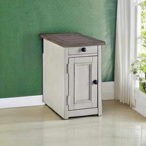 Signature Design by Ashley Bolanburg Farmhouse Chair Side End Table with Outlets and USB Ports, Antique Cream & Brown