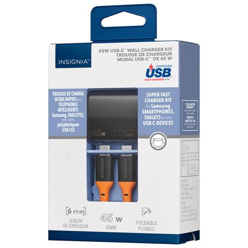 INSIGNIA USB Cables, 20Gbps High-Speed Charging & Data Sync, Braided Nylon, Compatible with MacBook, Laptop, iPhone, iPad, Android (Accessories, 45W USB-C Wall Accessory w/Cable)