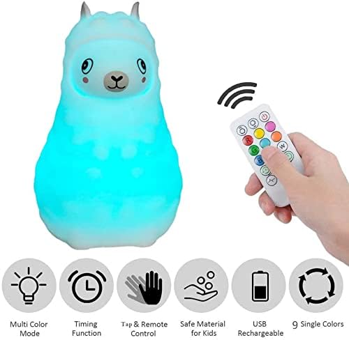 Animal Alpaca Kids Night Light, Children's Room LED Bedside Lamp, Rechargeable Soft Silicone Light, Adjustable Brightness and Colors, Compatible with Touch Control & Remote Control