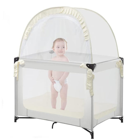 Pack N Play Tent, Baby Crib Tent to Keep Baby from Climbing Out, Pop Up Crib Net for Pack and Plays, Mini Cribs & Play Yards, See-Through & Breathable Mesh Crib Canopy, Beige, R07s-beige