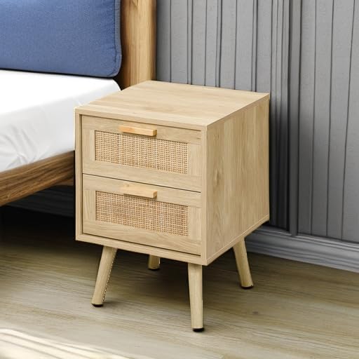 Finnhomy Nightstand, End Table, Side Table with 2 Hand Made Rattan Decorated Drawers, Wood Accent Table with Storage for Bedroom, Natural (Patented)