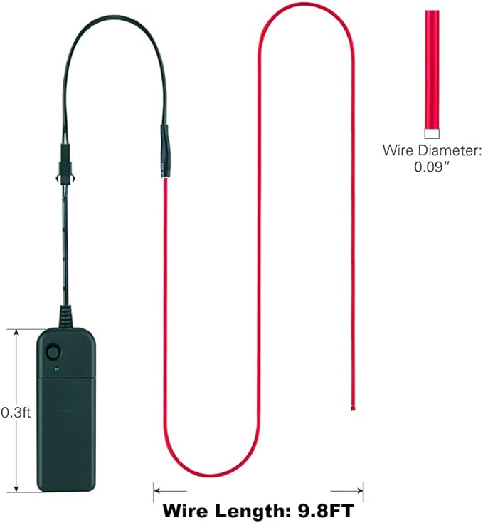 MaxLax EL Wire Red, 9.8ft/3m Portable Battery Pack Neon Light Strip 360° Cuttable Glowing Rope Lights for Parties, Halloween, DIY Decoration
