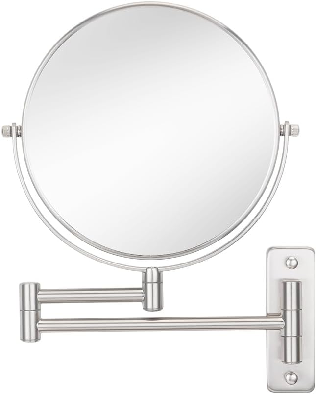 Cerdeco 8 Inch 10X Double Sided Makeup Wall Mount Mirror With Nickel Plated Finish - 360 Swivel Extendable Cosmetic Shaving Magnification