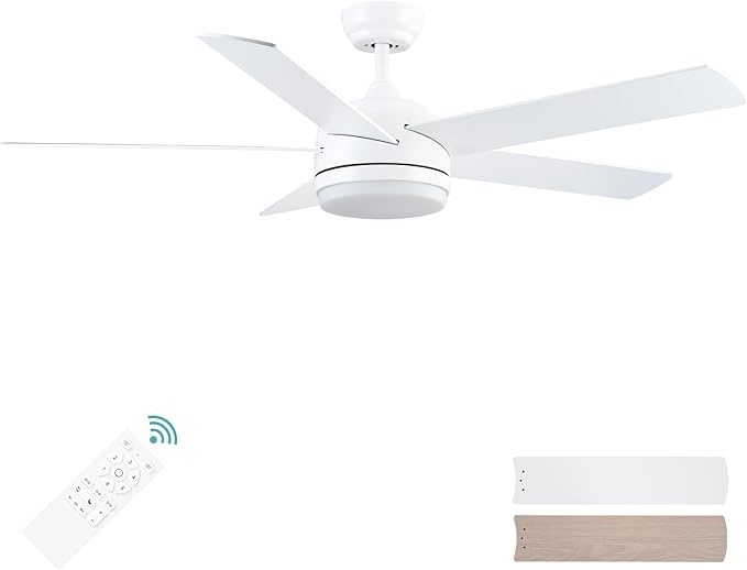 YUHAO 52 Inch White Ceiling Fan with Light and Remote Control.Noiseless,Dimmable,3CCT,6 Speeds Reversible, DC Ceiling Fans for Indoor or Covered Outdoor