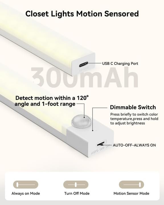 Under Cabinet Lighting 12 Inches Rechargeable Motion Sensor Light Indoor, 3 Color Dimmable Closet Light Battery Operated, USB Stick on LED Magnetic Under Counter Lights for Kitchen Stair, 3Packs