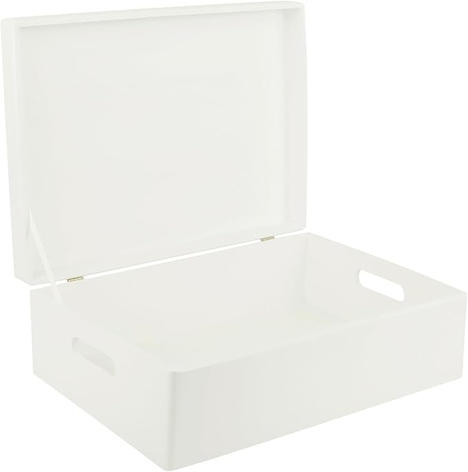 XL White Wooden Box Storage with Hinged Lid | 15.8x11.8x5.5in (+-0.5) | with Handles | Gift Box for Tool Dog Toy Shoes Clothes Kitchen Storage | Wood Keepsake Chest