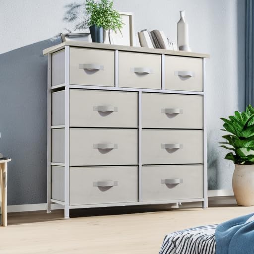 YITAHOME Dresser with 9 Drawers - Fabric Storage Tower, Organizer Unit for Living Room, Hallway, Closets - Sturdy Steel Frame, Wooden Top & Easy Pull Fabric Bins (Cream White)