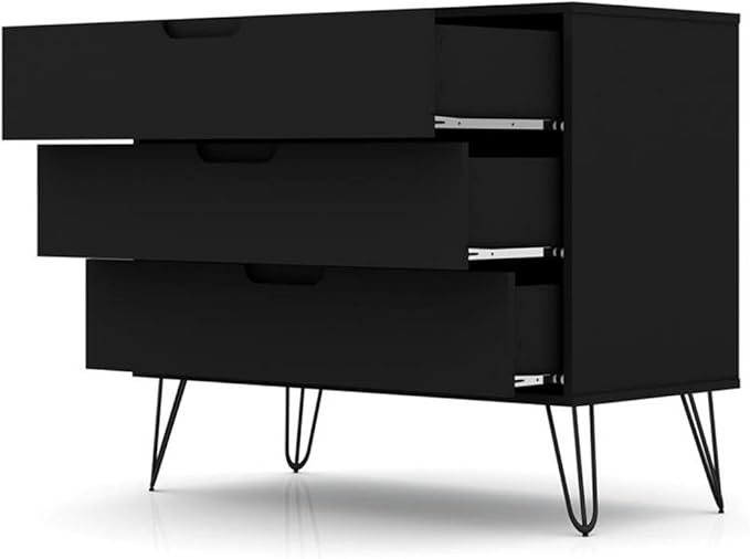 Manhattan Comfort Rockefeller 3 Drawer Dresser for Bedroom Storage, Nursery, Closet, Living Room, Entryway, TV Stand for Screens up to 32 Inches, Anti-Tip Kit Included, Set of 1, Black