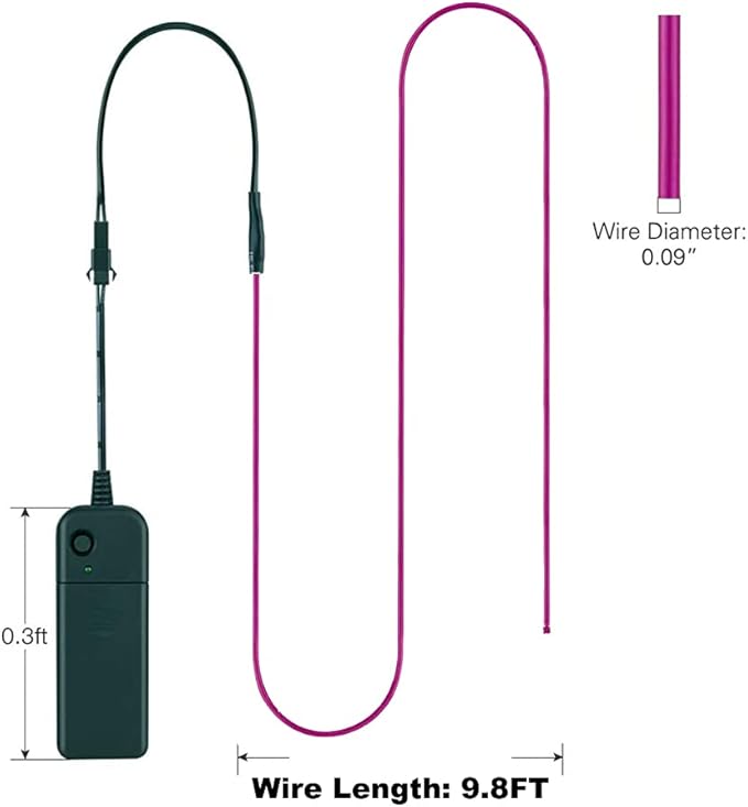 MaxLax EL Wire Purple, 9.8ft/3m Portable Battery Pack Neon Light Strip 360° Cuttable Glowing Rope Lights for Parties, Halloween, DIY Decoration
