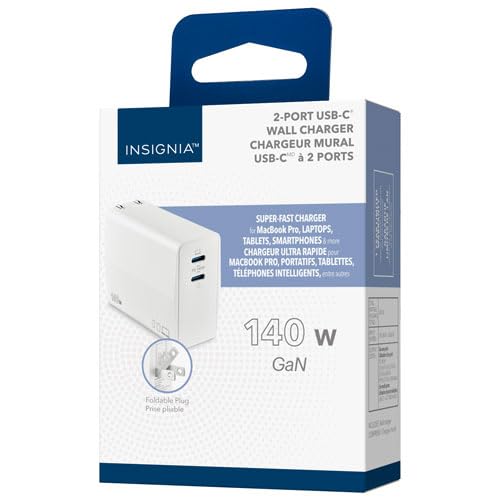 INSIGNIA USB Cables, 20Gbps High-Speed Charging & Data Sync, Braided Nylon, Compatible with MacBook, Laptop, iPhone, iPad, Android (Accessories, 140W 2-Ports USB-C Wall Accessor)