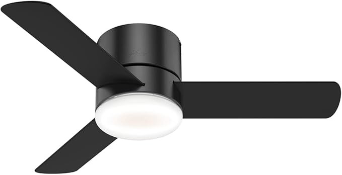 Hunter 44 inch Indoor Ceiling Fan with Light and Remote Control - For Bedroom or Living Room, Low Profile Mount, Black Modern Ceiling Fan with LED Light, Quiet, 3 Blades - Minimus 59453, Matte Black