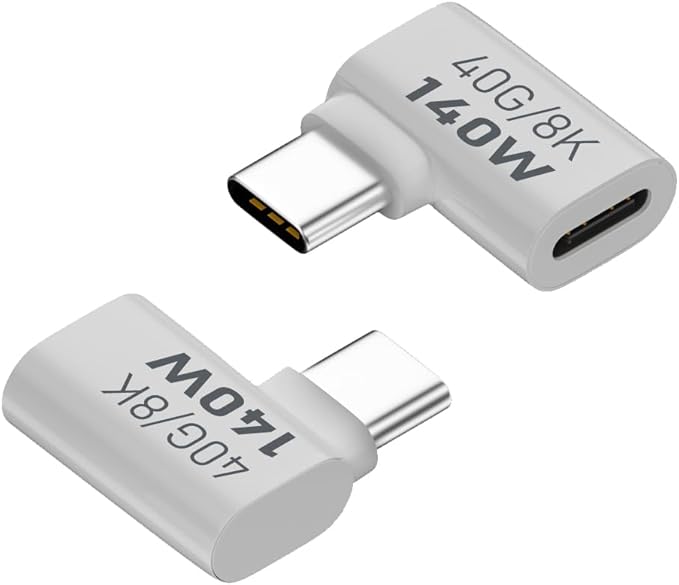 USB C Female to Male 90 Degrees Adapter, USB Type C Coupler Extender Support 140W, 40Gbps, 8K@60Hz for Laptop, Phones and More Type C Devices (White),2 Pack.