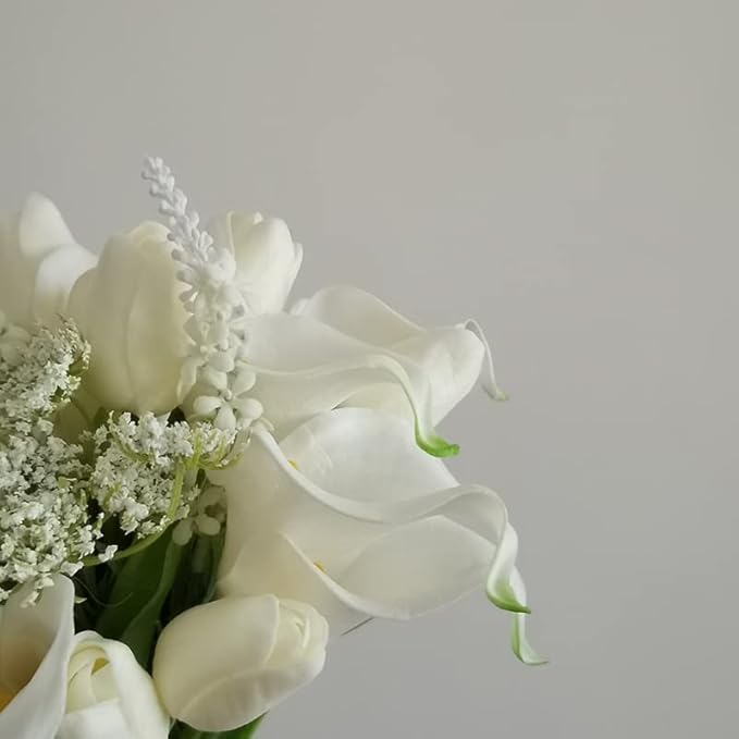 Tulips Calla Lily Artificial Flowers | Real Touch |Bridal Bouquet | Wedding Bouquet Home Décor Party (White) (White 1 Bouquet)