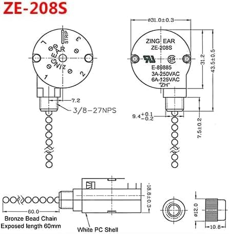 2PS Ceiling Fan Switch Zing Ear ZE-208s E89885 3 Speed 4 Wire Pull Chain Switch Fan Light Switch Replacement Part With 4 Pre-Installed Wires(Black Chain)