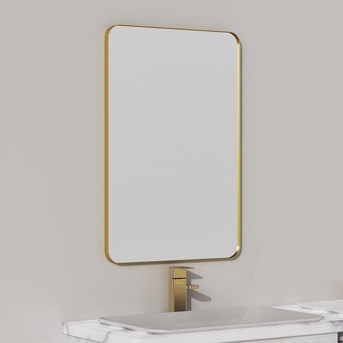 VocalStar 18 x 26 Inch Gold Bathroom Mirror for Wall, Metal Framed Rounded Rectangle Vanity Mirror, 1/4-inch Shatterproof Glass | Ultra-Flush Hanging