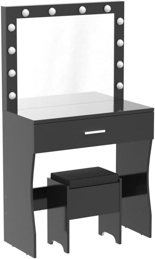 Vanity Desk, Makeup Vanity with Mirror and Lights, Adjustable Brightness and Sturdy Wood Vanity Large Drawer, 31.5in, Black
