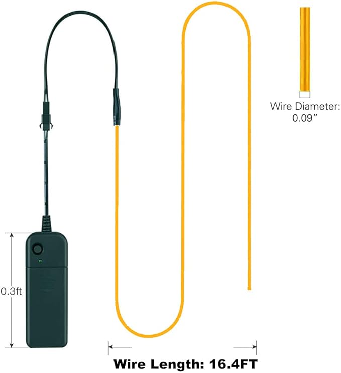MaxLax EL Wire Yellow, 16.4ft/5m Portable Battery Pack Neon Light Strip 360° Cuttable Glowing Rope Lights for Parties, Halloween, DIY Decoration