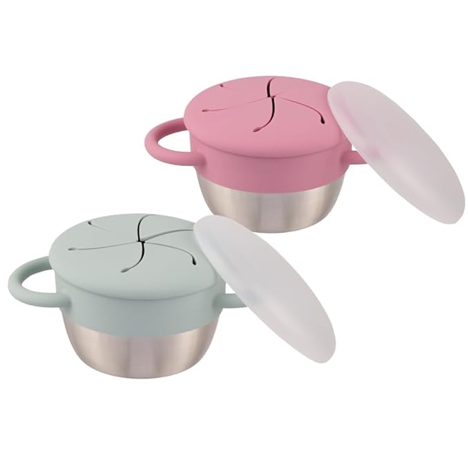 Elk and Friends Stainless Steel Snack Cups | Removable Silicone Food Catcher and Travel Lid | Spill-Proof Snack Containers for Baby, Toddler, Kids | Dishwasher Safe | 2 Pack