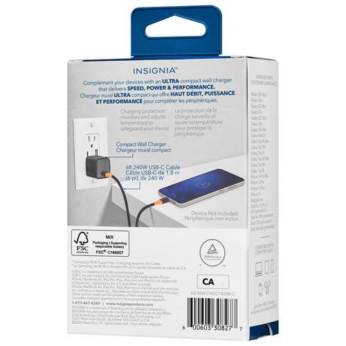 INSIGNIA USB Cables, 20Gbps High-Speed Charging & Data Sync, Braided Nylon, Compatible with MacBook, Laptop, iPhone, iPad, Android (Accessories, 45W USB-C Wall Accessory w/Cable)