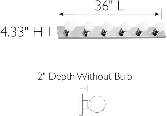 Design House Vanity Lights, 6 Linear Lights, Dimmable, Horizontal or Vertical Use, Uses (6) 60W Bulbs, For Bathroom/Makeup Vanity, Polished Chrome, 36.0 in. L x 4.33 in. H x 2.0 in. D, 500942