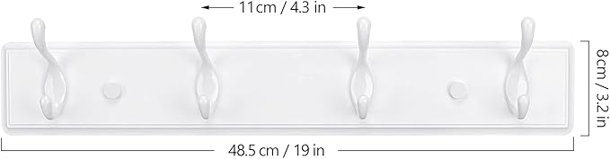 Wooden Coat Rack, Wall-Mounted Organizer for Closet, Entryway, Hallway, Foyer, Bedroom, Heavy Duty Double Hooks for Hanging Towels, Bags, Hats, Jackets, Key (White, 4 Hooks)