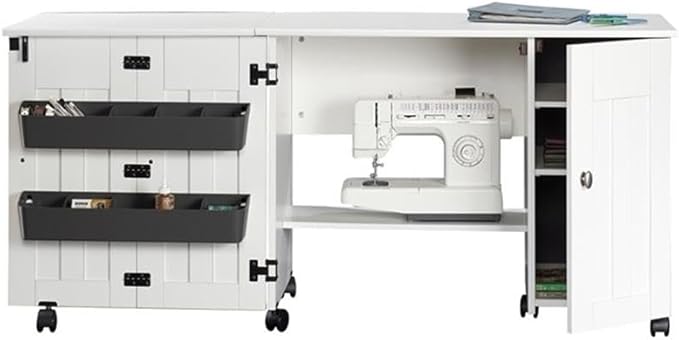 Sauder Folding SewingTable & Craft Cart Storage Cabinet, in Soft White