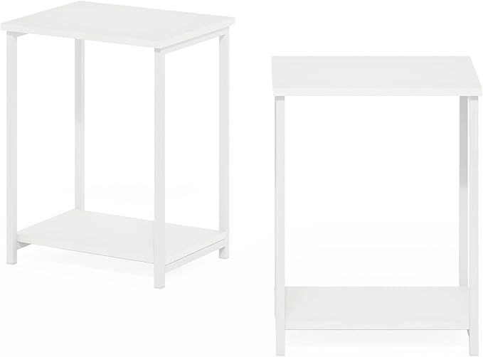 Furinno Simplistic Side Table Set of 2, 2-Tier Metal Frame End Table with Open Shelf, Night Stand, Bedside Table, for Living Room, Bedroom, White
