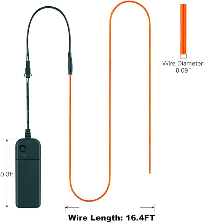 MaxLax EL Wire Orange, 16.4ft/5m Portable Battery Pack Neon Light Strip 360° Cuttable Glowing Rope Lights for Parties, Halloween, DIY Decoration
