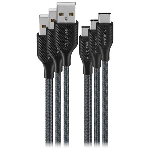 INSIGNIA USB Cables, 20Gbps High-Speed Charging & Data Sync, Braided Nylon, Compatible with MacBook, Laptop, iPhone, iPad, Android (4/6/10 ft (3 Pack Bundle, Black), USB to USB-C Cable)