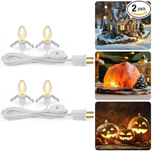 Brightown Accessory Cord with 2 LED Light Bulbs - UL Listed 5 Feet Christmas Village Cords, Rotary Switch, Fused Plug for Crafts, Halloween Pumpkin, Holiday Ornaments, White Cord, Warm White, 2 Pack