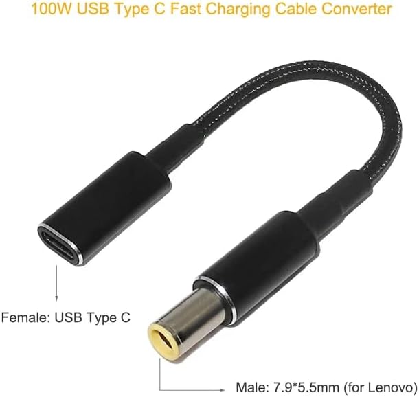 USB C to Slim Laptop Charging Cable Adapter Female Type C to DC Converter 0.8ft 100W PD Power Charger Supply Cord for Lenovo Thinkpad T60 T61 T400 T430 T510 X220 X61 L420 E420 (7.9 x 5.5mm for IBM)