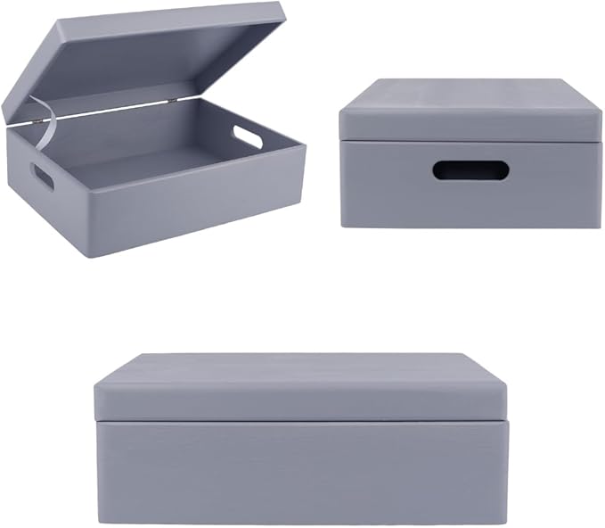 XL Grey Wooden Box Storage with Hinged Lid | 15.8 x 11.8 x 5.5 inches (+-0.5) | with Handles | Gift Box for Tool Dog Toy Shoes Clothes Kitchen Storage Document | Wood Keepsake Ches