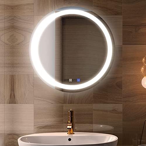LED Round Bathroom Mirror, Wall Mounted Vanity Makeup Mirror with Anti Fog, Dimmable Touch Button, Adjustable Color Temperature, Memory Function 28 Inch by Fab Glass and Mirror