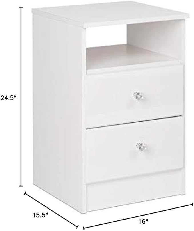 Prepac Astrid Simplistic Nightstand with 2 Drawers and Open Shelf, Functional Bedside Table with Acrylic Knobs 15.5" D x 16" W x 24.5" H, White, WDNH-0402-1-V